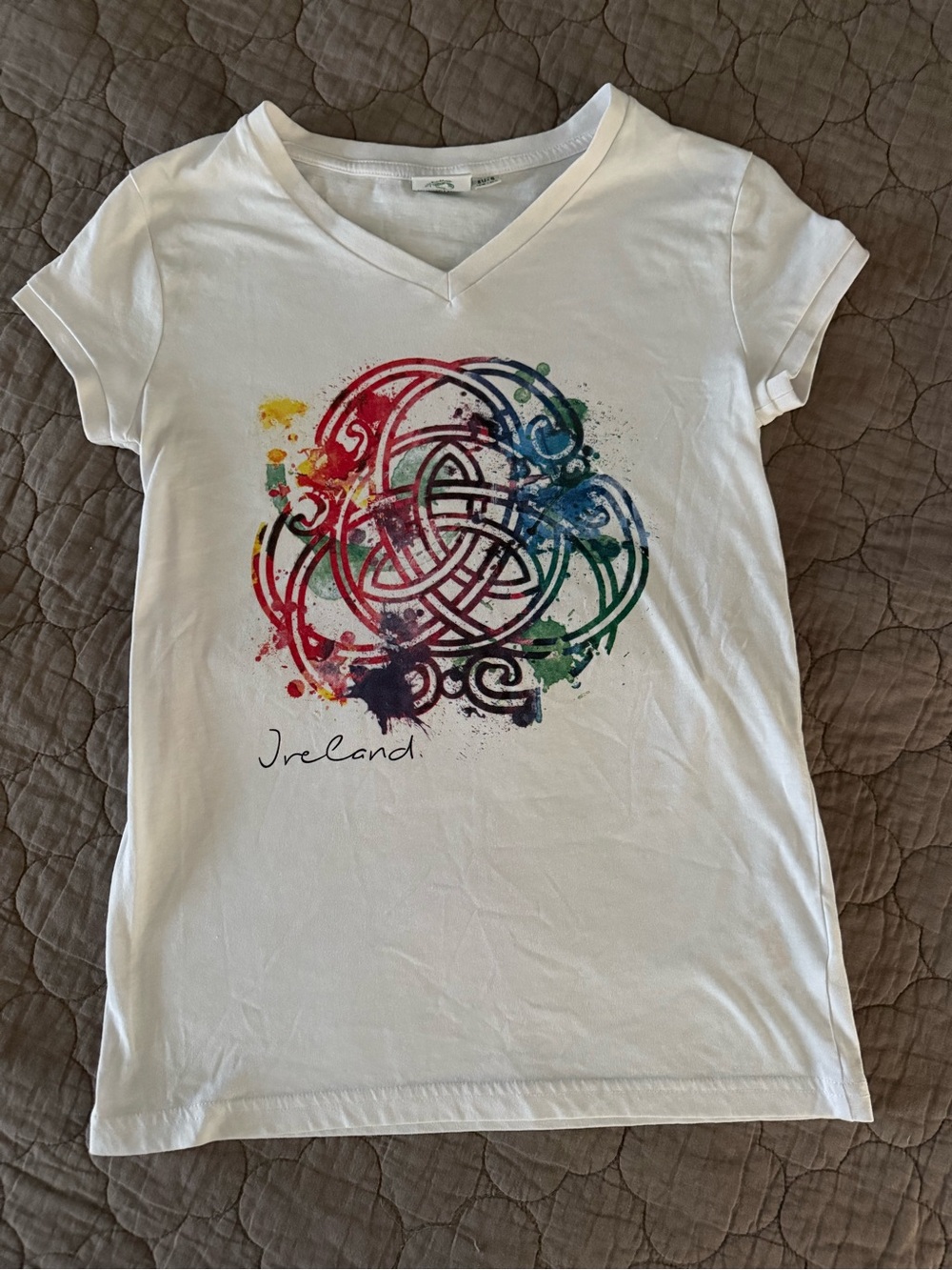 White Ireland Celtic Print V-Neck Tee
